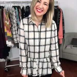 NWT, plaid button-up with ruffle detailing